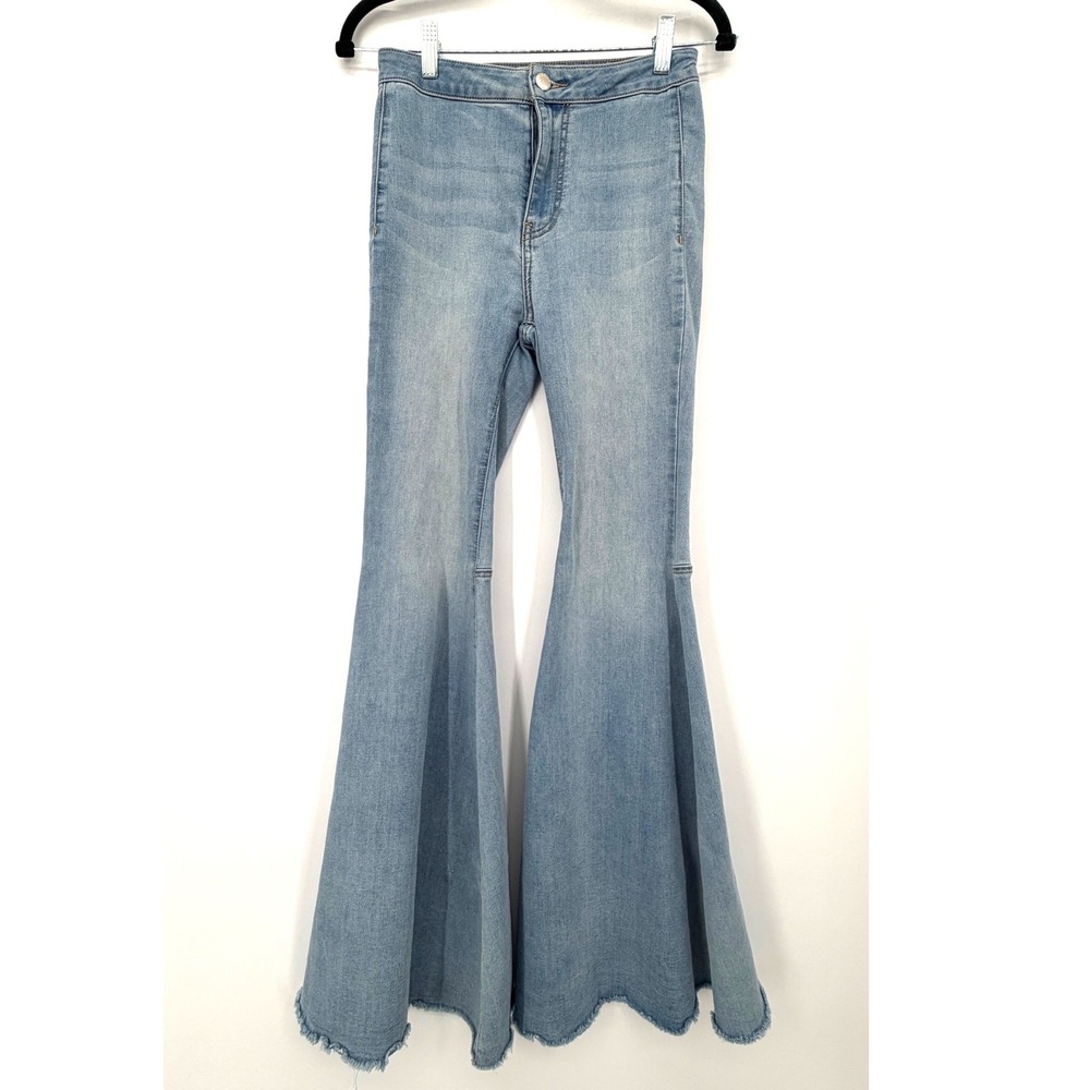 Free People Flare Jeans Women 25 Light Wash Super Bell Bottom Raw Hem Stretch